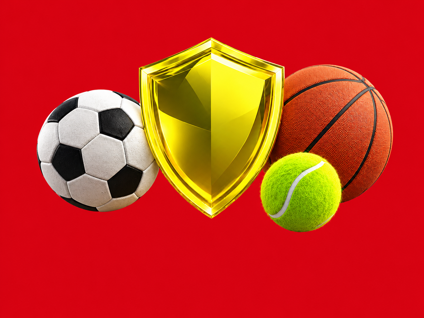 Escudo amarelo acompanhado por bolas esportivas